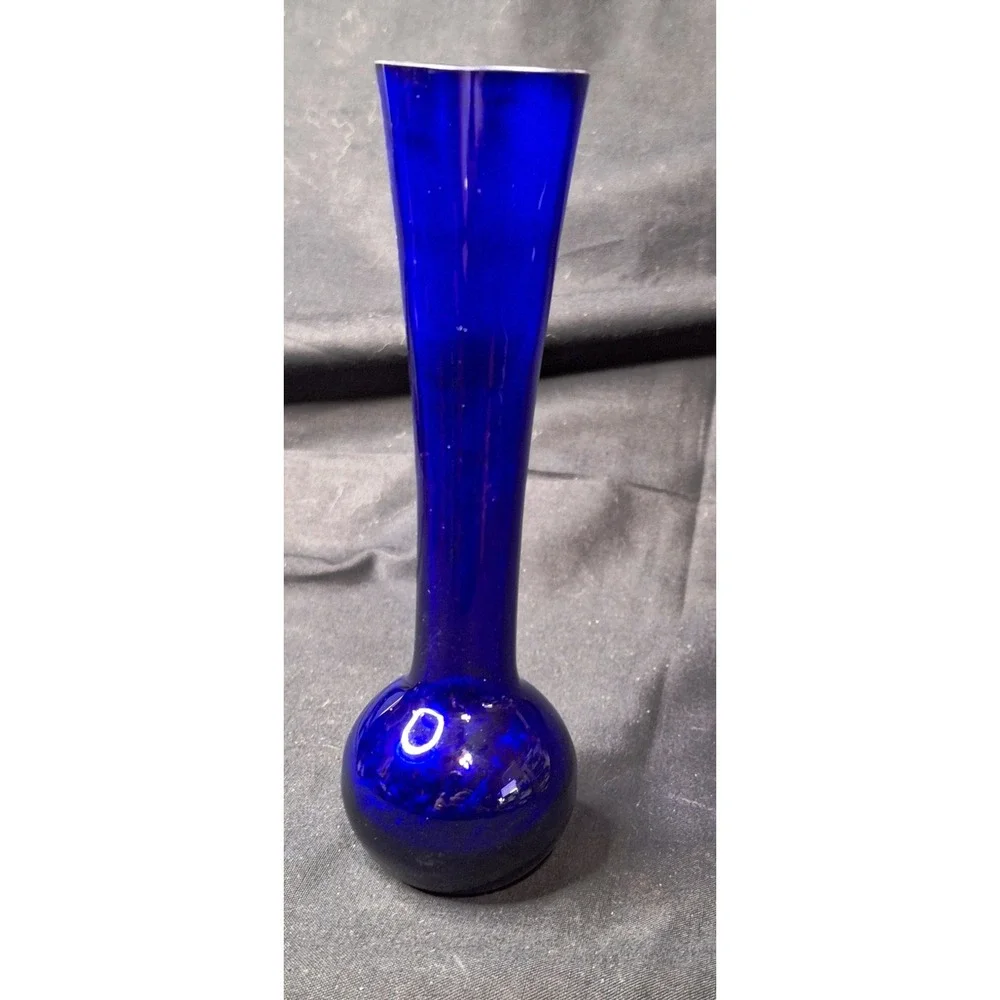 Vintage Cobalt Blue Glass Bud Vase 7 Inch Mid Century Modern Bulbous Base